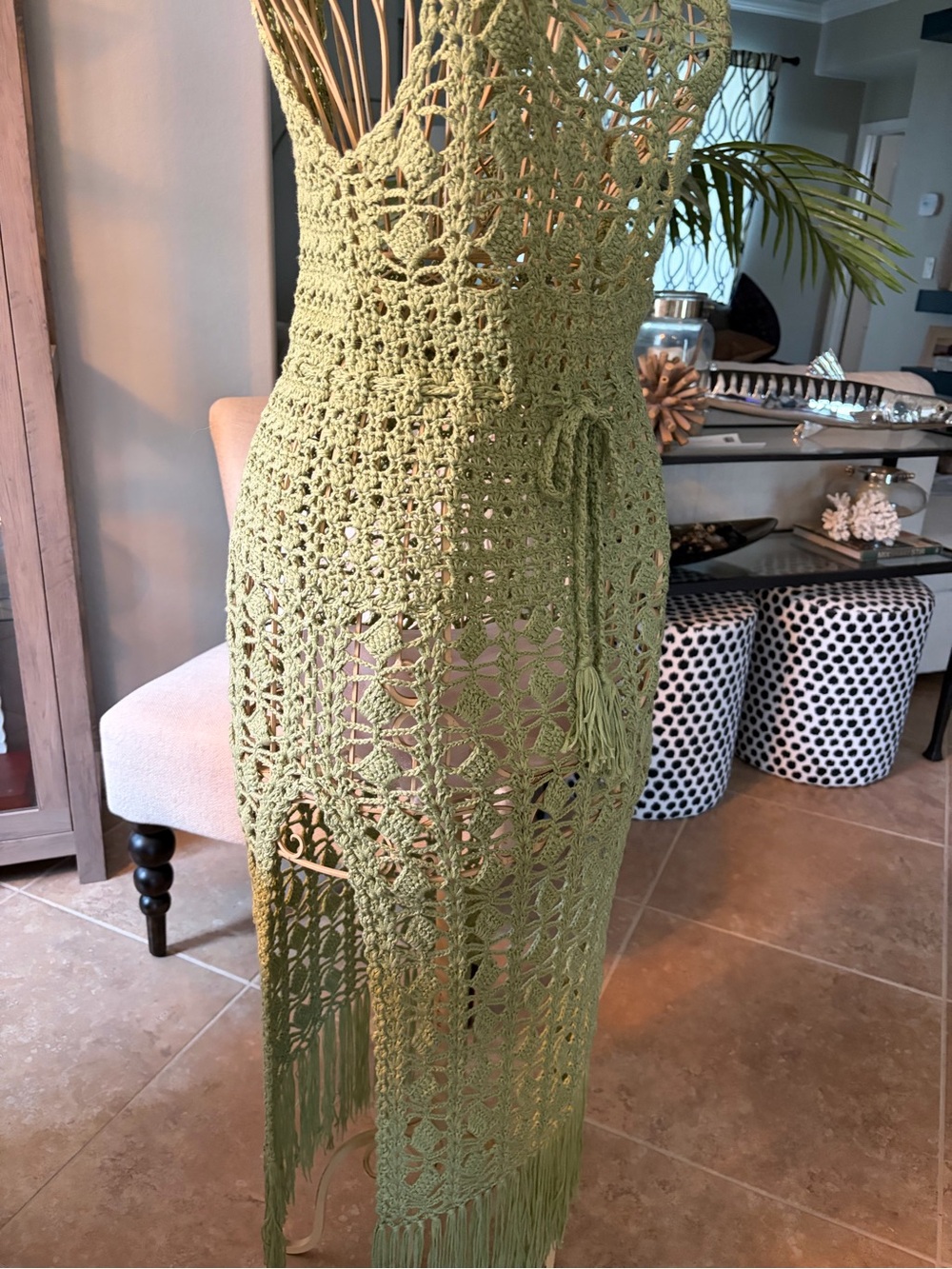 Lulu's Olive Green Crochet Fringe Maxi Dress or Cover Up - Picture 5 of 5